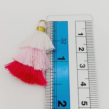 White,Pink and Cerise Pink Small Cotton Tassels in Three Layers With Gold Colour Brass Loop Ring, Tassel Charms x 5